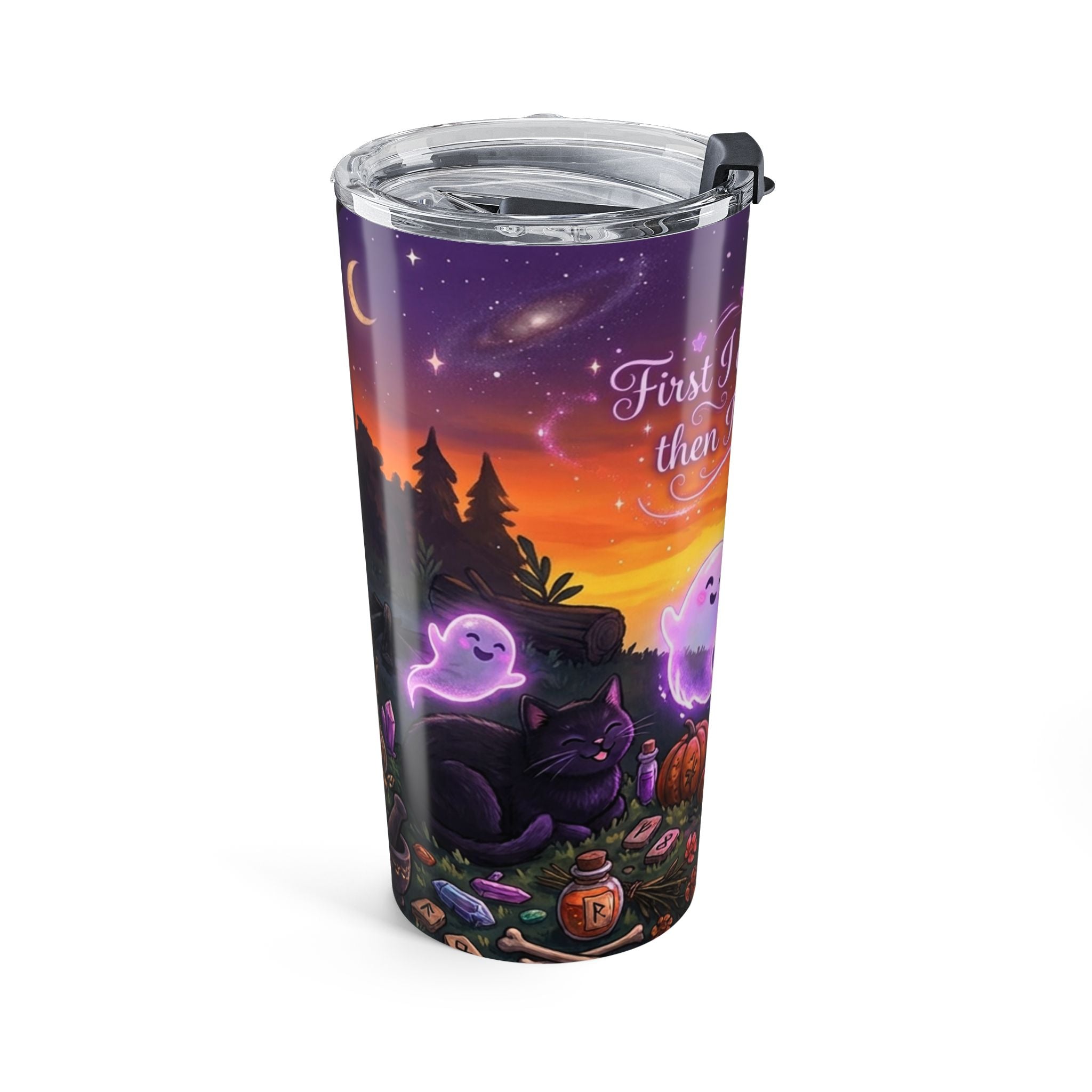Halloween Magic Tumbler 20oz — 'First I drink the coffee, then I cast the spells' Insulated Travel Cup
