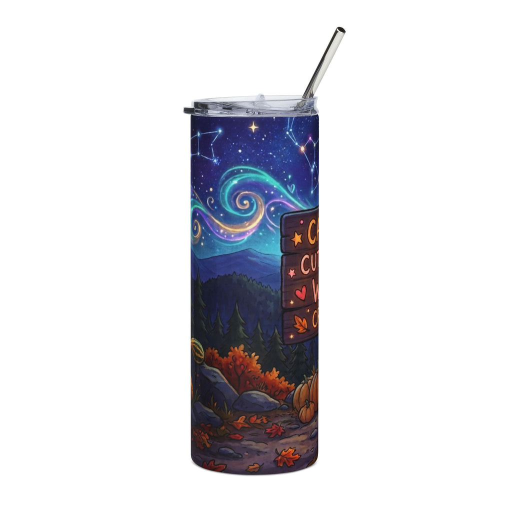 Cute Little Witch Crossing 20oz Stainless Steel Tumbler — Halloween Pumpkin Night Sky Design