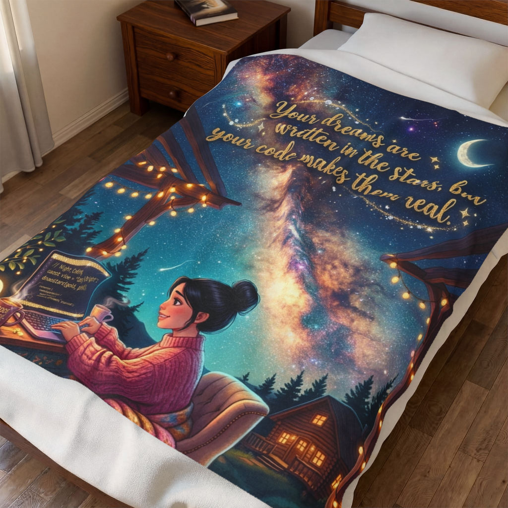 Velveteen Plush Blanket - “Your Dreams Are Written in the Stars, but Your Code Makes Them Real” Cozy Programmer Throw