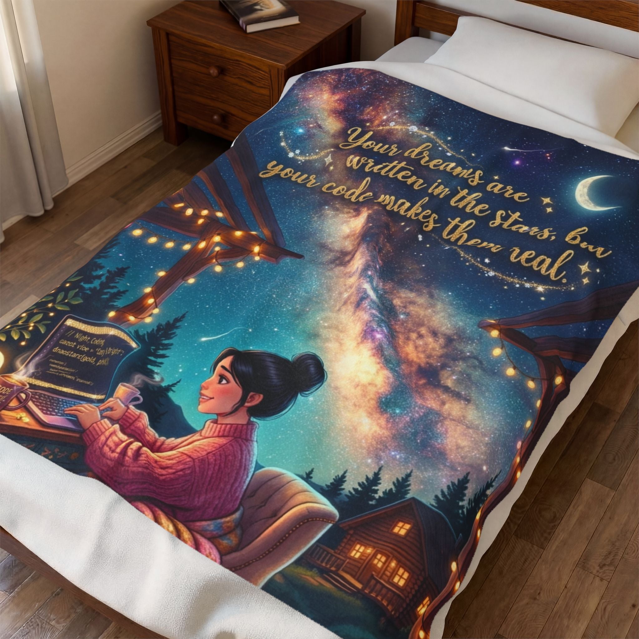 Velveteen Plush Blanket - “Your Dreams Are Written in the Stars, but Your Code Makes Them Real” Cozy Programmer Throw