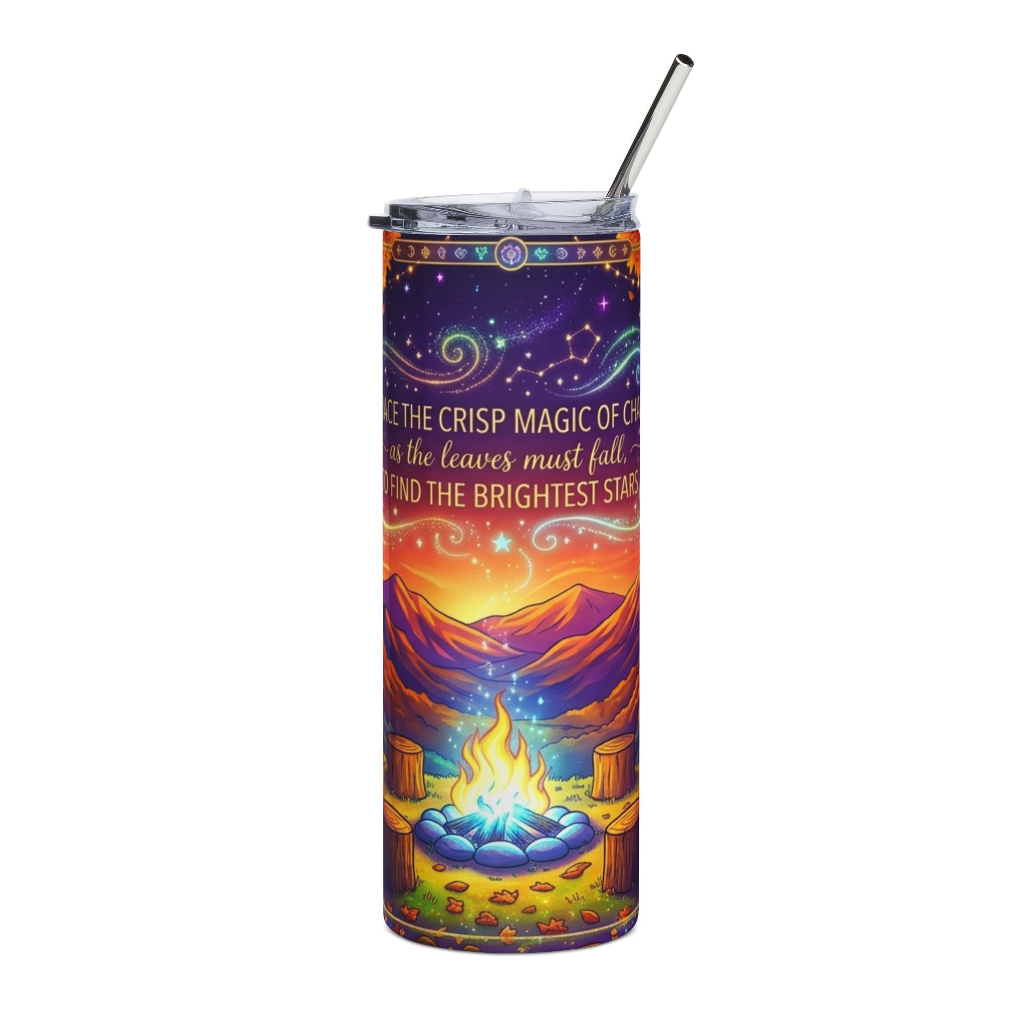 Campfire Sunset 20oz Stainless Tumbler — Inspirational Outdoor Quote Design