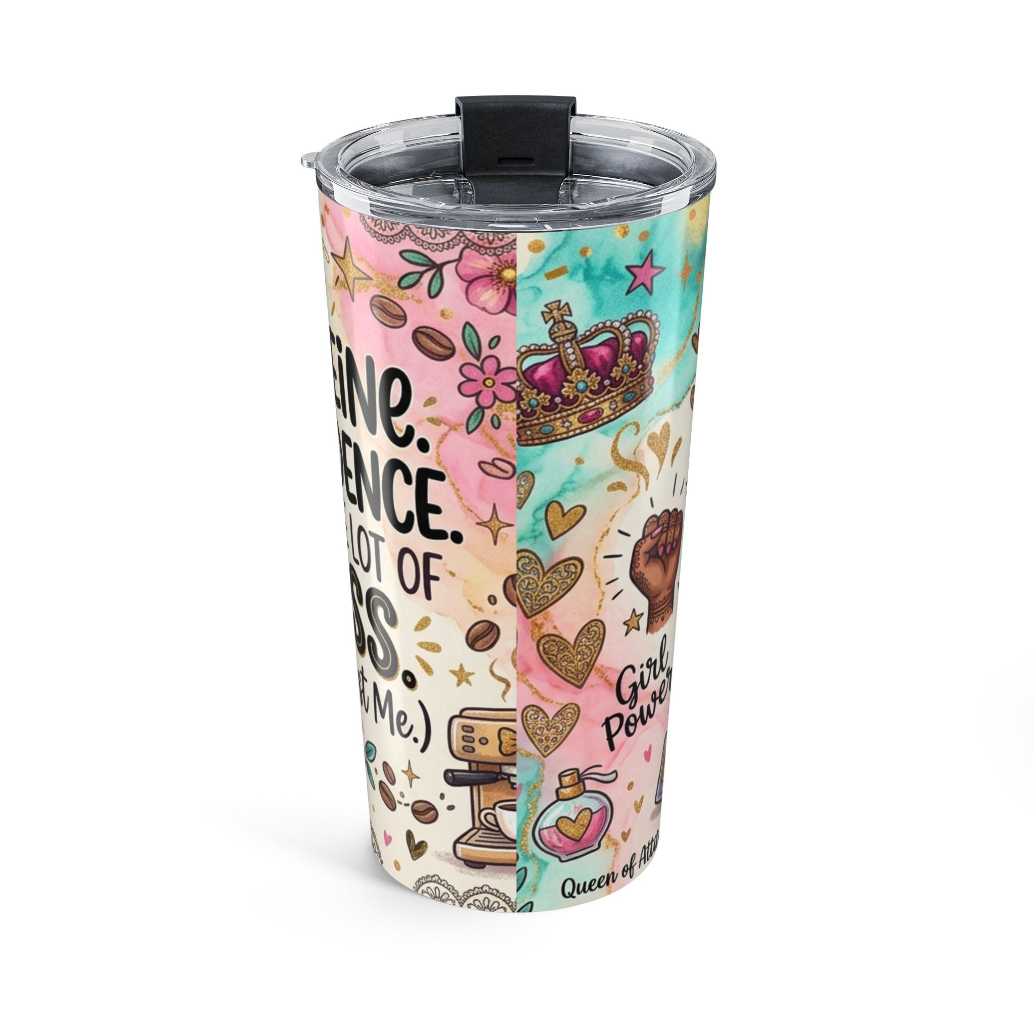 20oz Coffee Tumbler — 'Caffeine Conquers a Whole Lotta Sass' Floral Boho Travel Mug