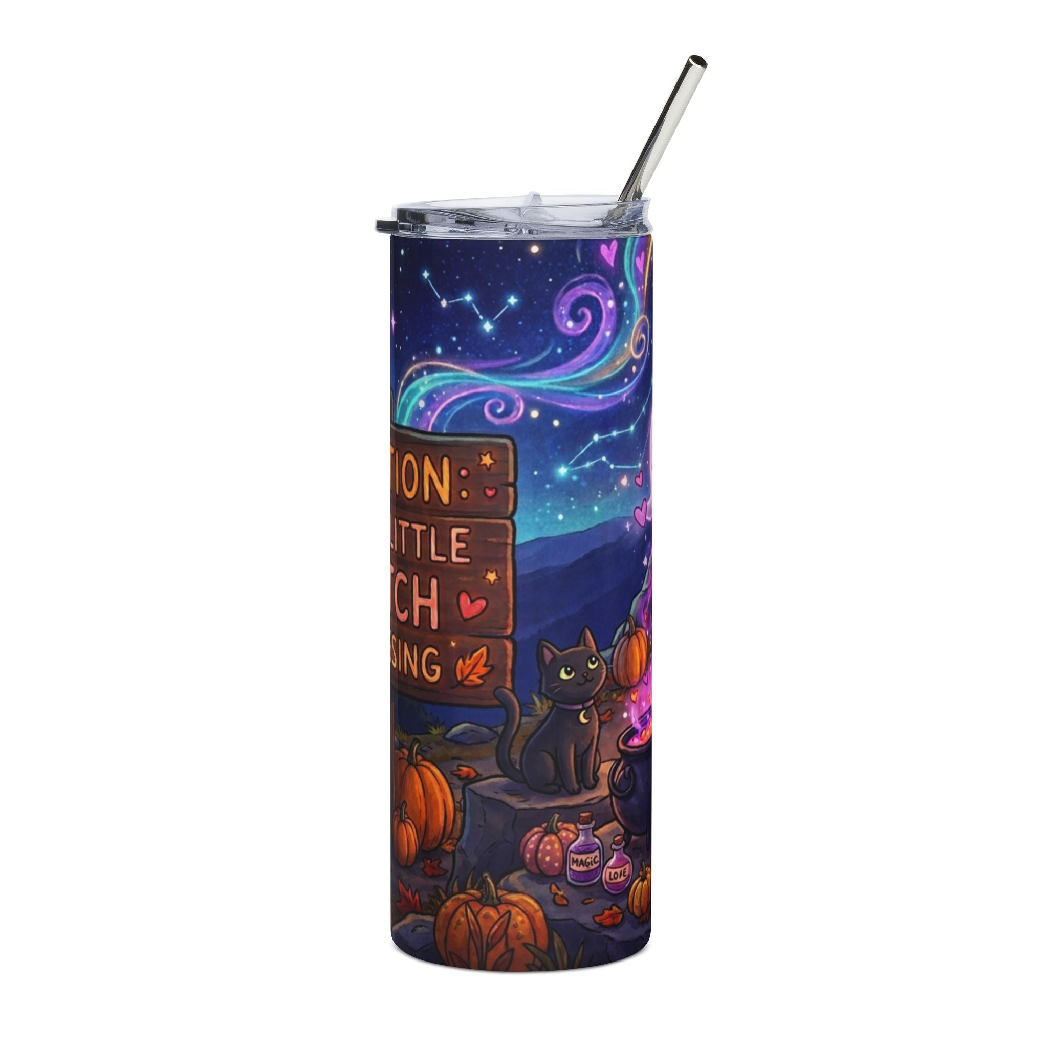 Cute Little Witch Crossing 20oz Stainless Steel Tumbler — Halloween Pumpkin Night Sky Design