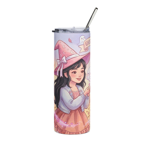 20oz Witch Girl Stainless Steel Tumbler — "Ghost Kisses and Hugs" Cute Halloween Travel Cup