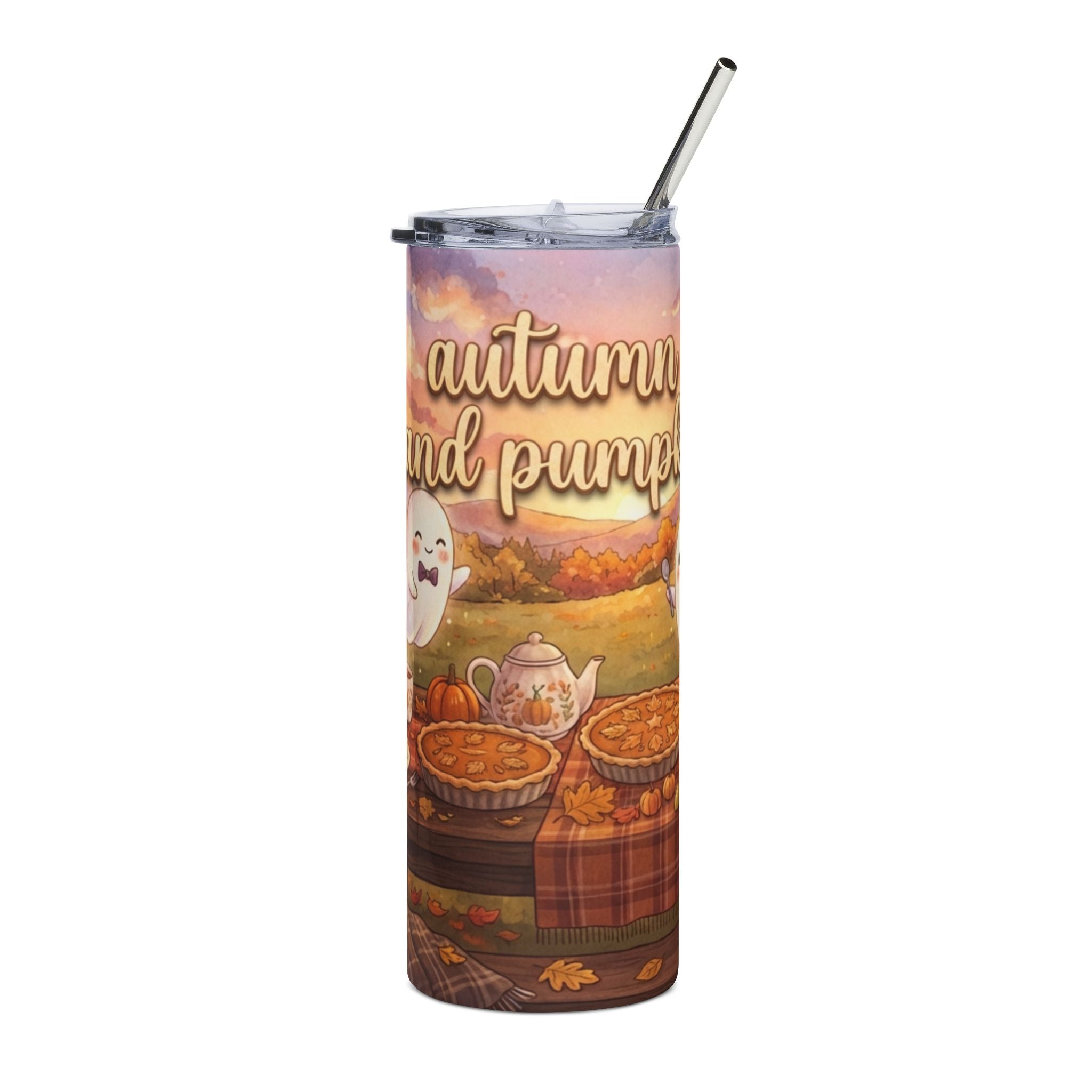 Autumn and Pumpkins 20oz Stainless Tumbler — Cute Fall Ghost Coffee Travel Mug