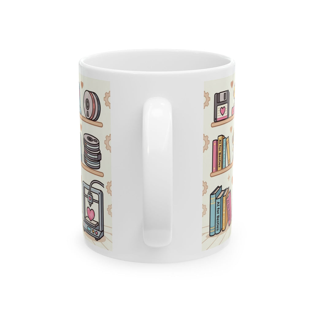 Cute Retro Robot Ceramic Mug — 'Powered by Caffeine and Pay Me Bills'