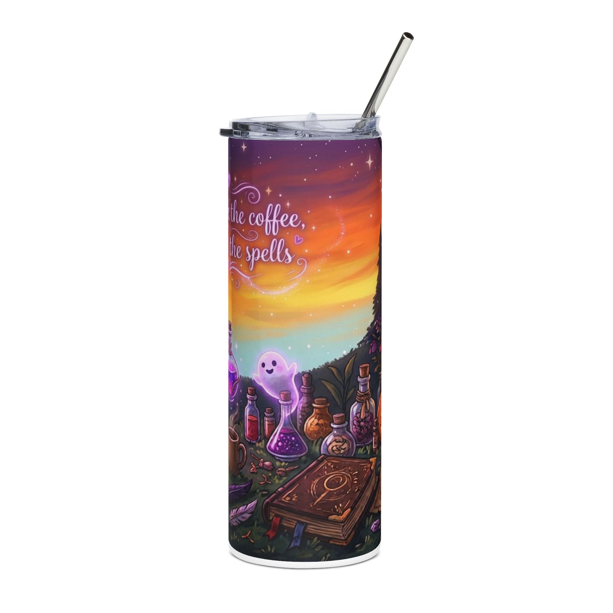 20oz Cute Ghost Halloween Tumbler — “First I drink the coffee then I cast the spells” Stainless Steel Travel Cup