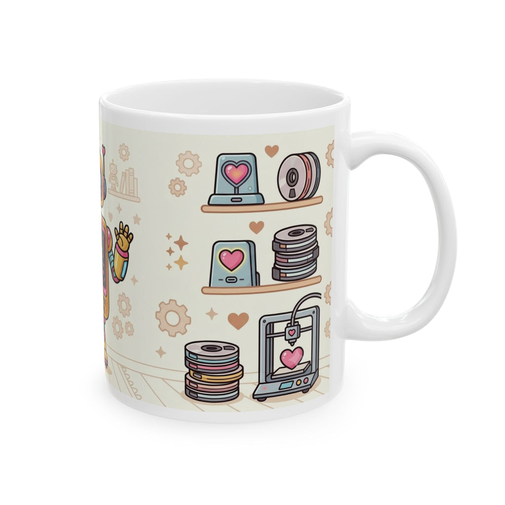 Cute Retro Robot Ceramic Mug — 'Powered by Caffeine and Pay Me Bills'