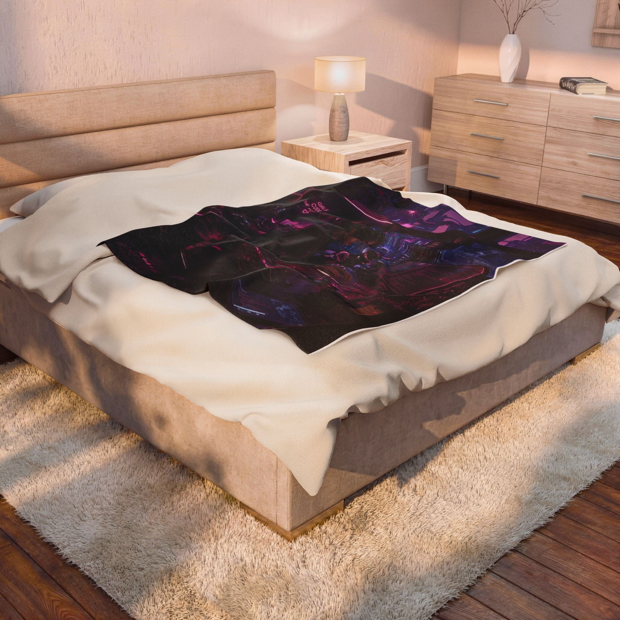 Cyberpunk Velveteen Plush Blanket — Neon Night Hacker Room Design