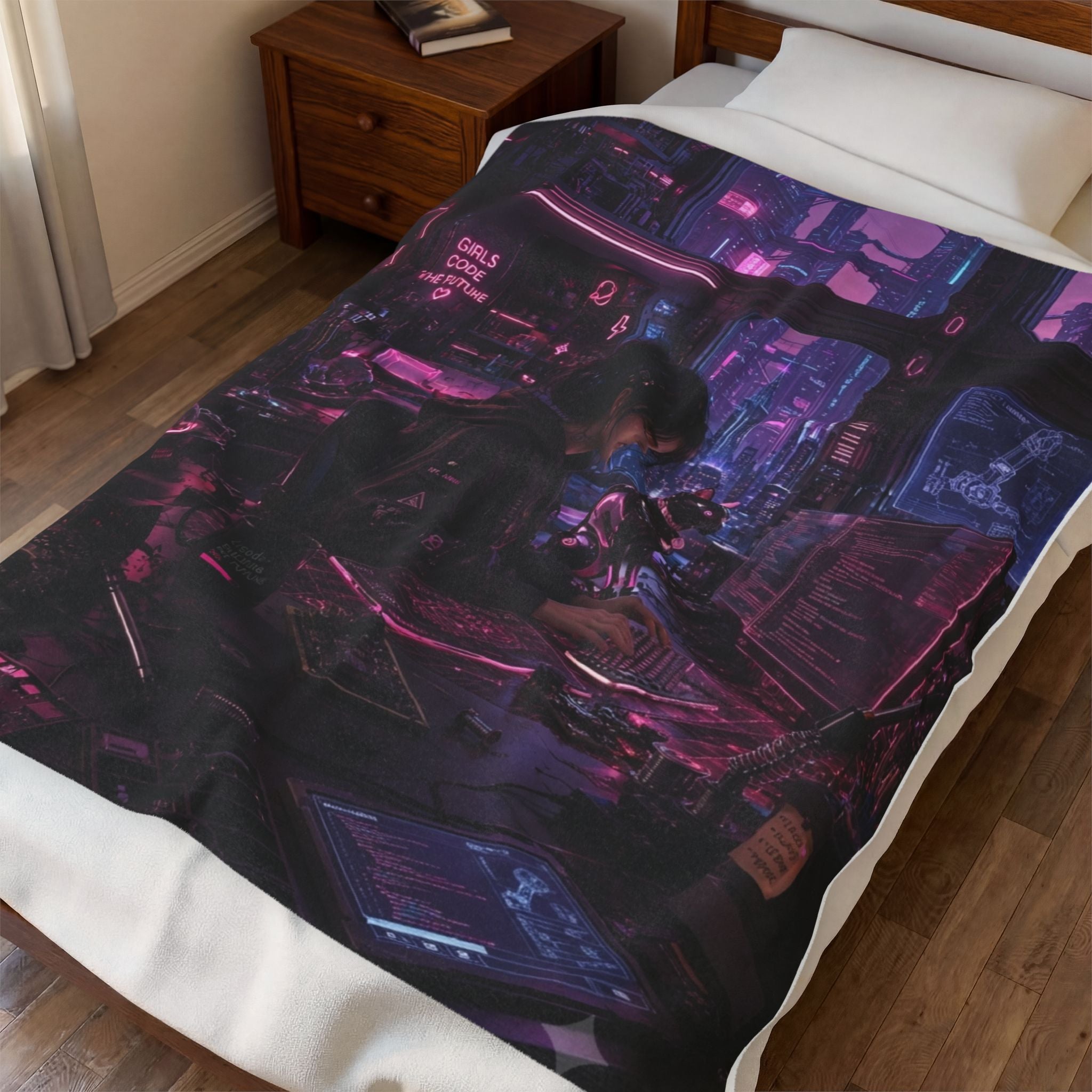 Cyberpunk Velveteen Plush Blanket — Neon Night Hacker Room Design