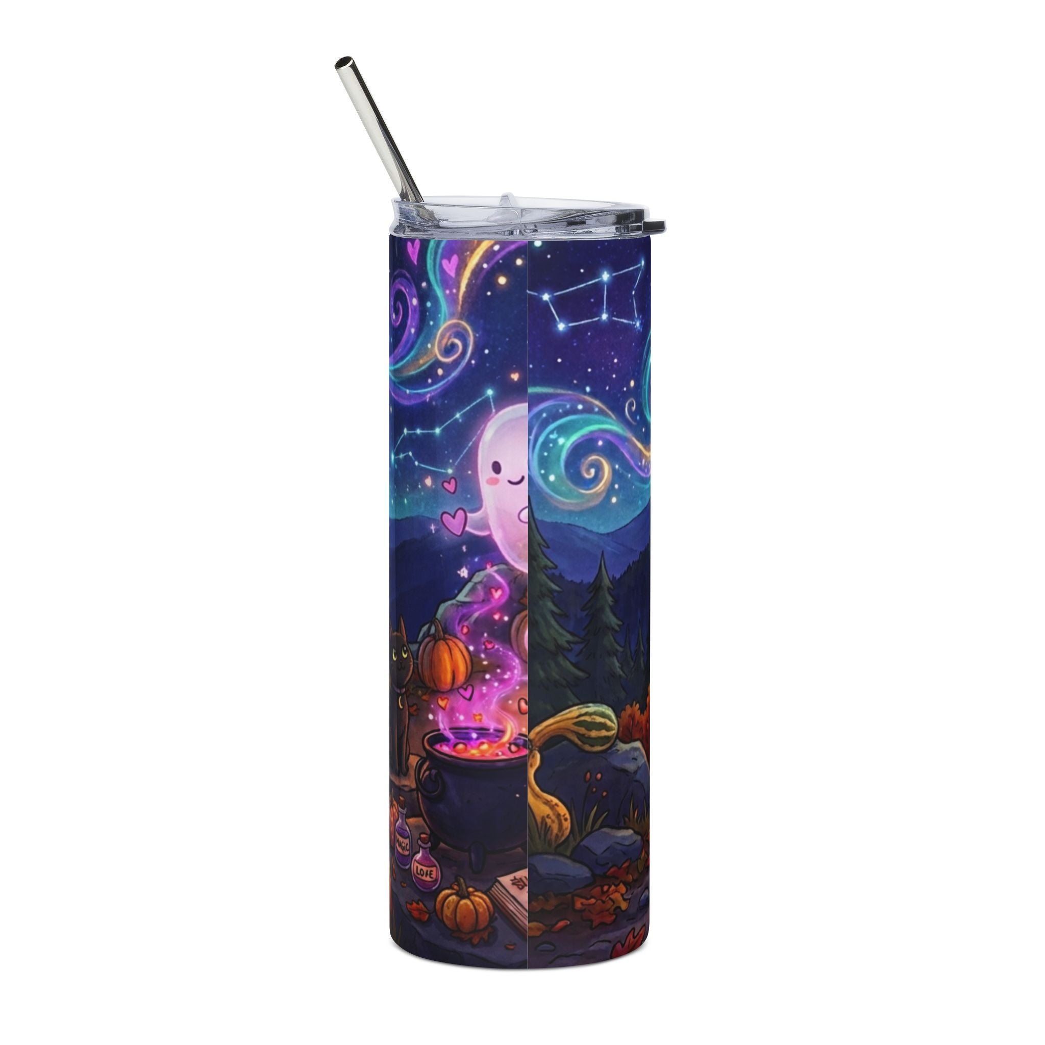Cute Little Witch Crossing 20oz Stainless Steel Tumbler — Halloween Pumpkin Night Sky Design