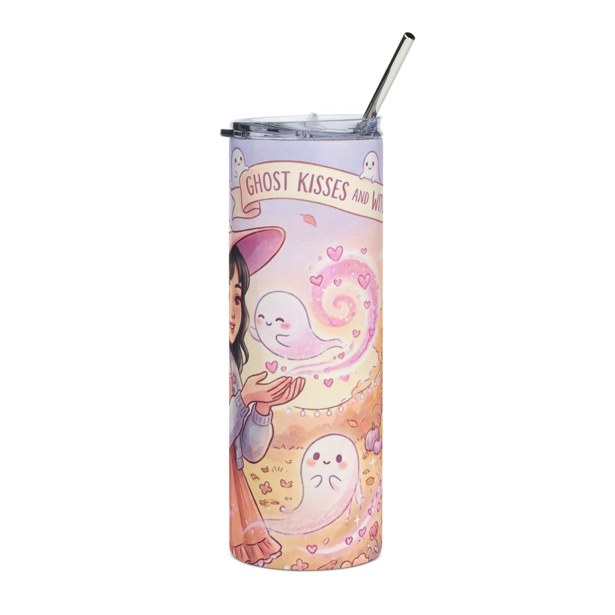 20oz Witch Girl Stainless Steel Tumbler — "Ghost Kisses and Hugs" Cute Halloween Travel Cup