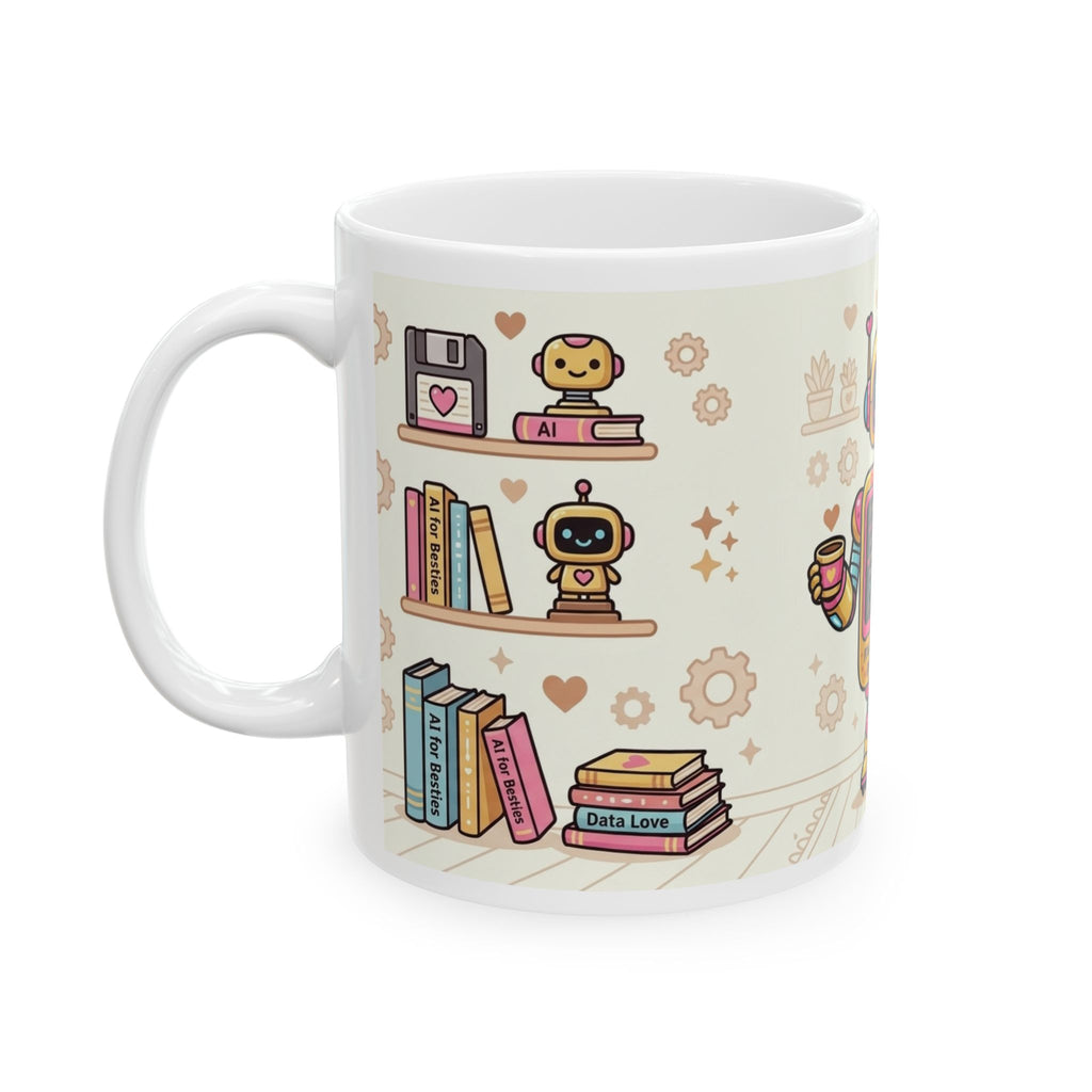 Cute Retro Robot Ceramic Mug — 'Powered by Caffeine and Pay Me Bills'