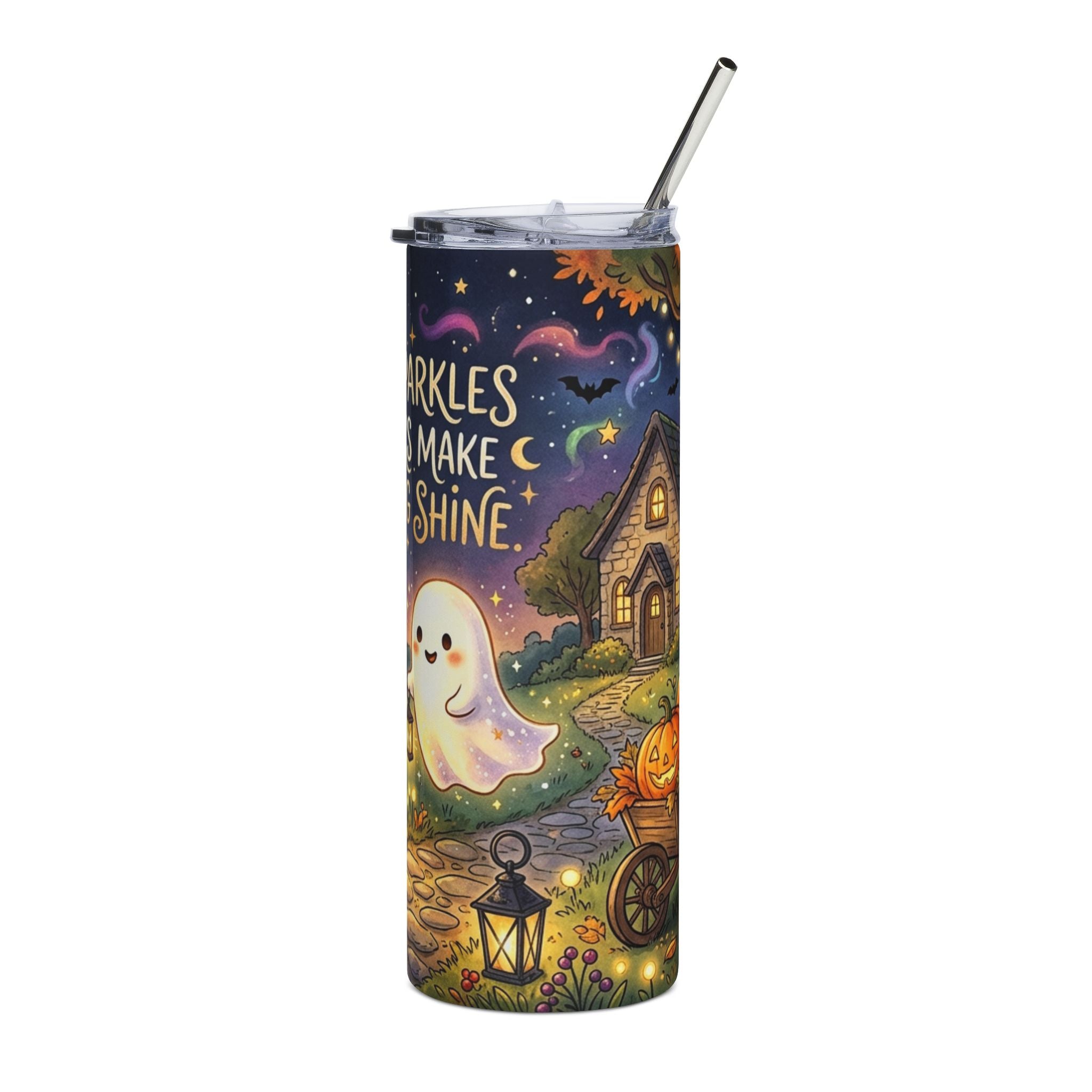 Halloween Ghost & Black Cat 20oz Stainless Tumbler — "Where Sparkles and Spooks Make Everything Shine"
