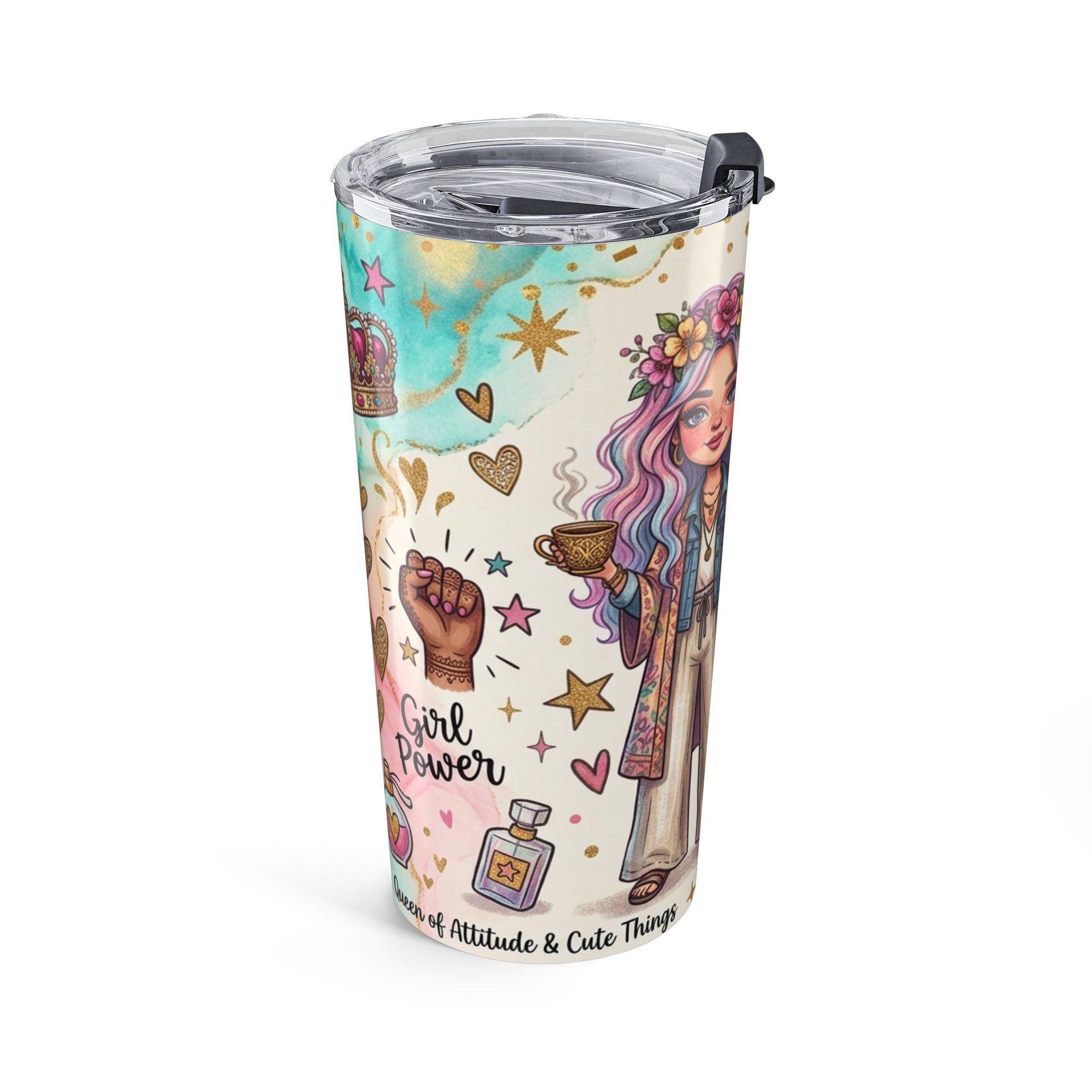 20oz Coffee Tumbler — 'Caffeine Conquers a Whole Lotta Sass' Floral Boho Travel Mug