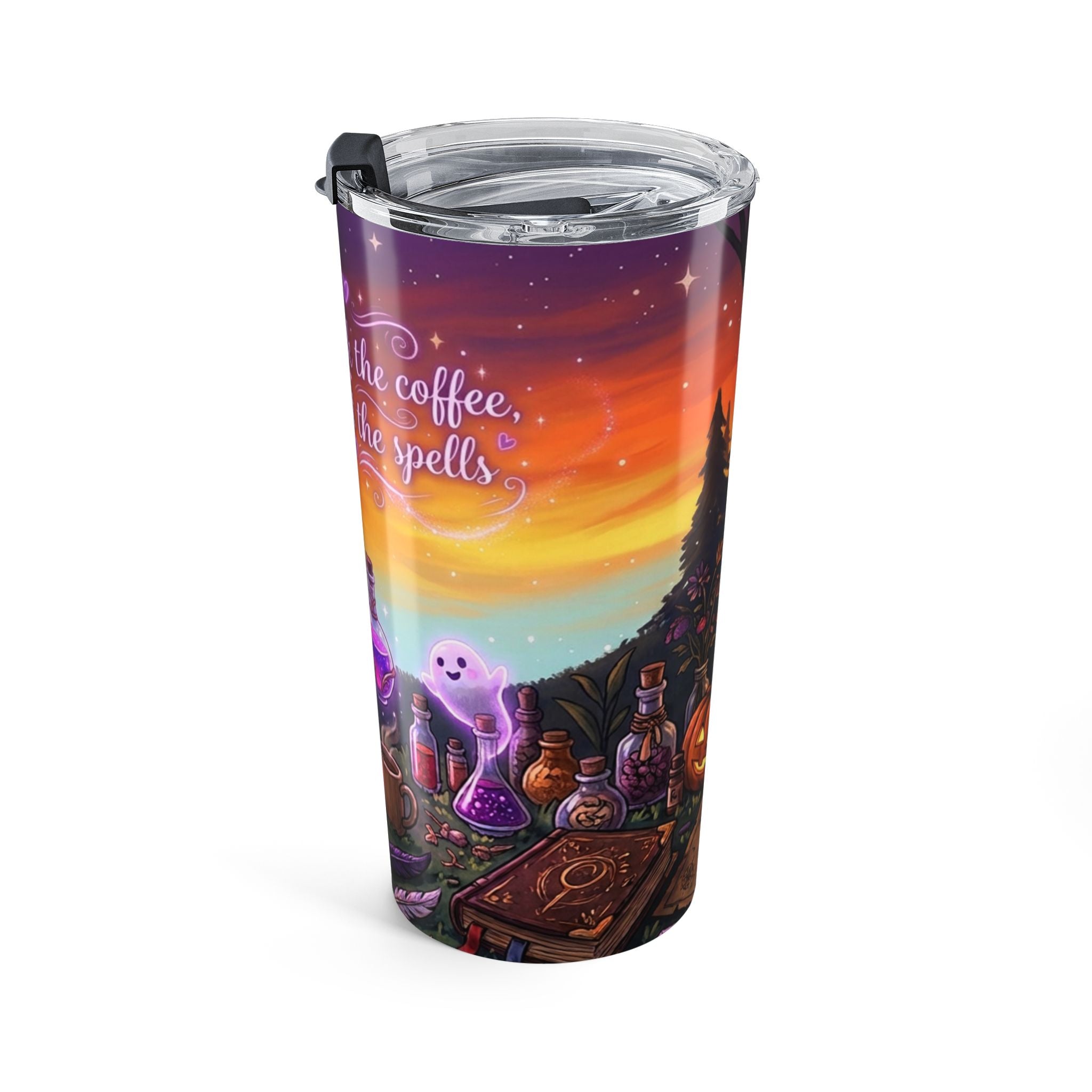 Halloween Magic Tumbler 20oz — 'First I drink the coffee, then I cast the spells' Insulated Travel Cup