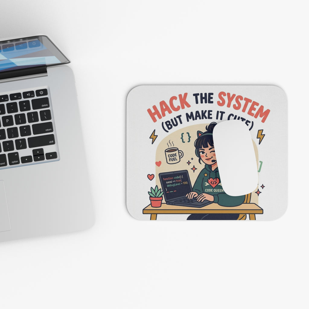 Mouse Pad — "Hack the System (But Make It Cute)" Cute Code Queen Desk Mat