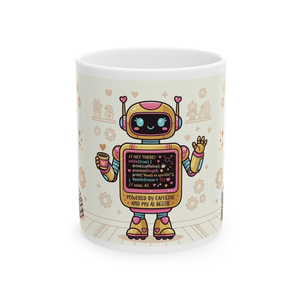 Cute Retro Robot Ceramic Mug — 'Powered by Caffeine and Pay Me Bills'
